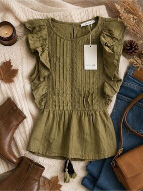 Reserved Olive Green Ruffle Lace Tassel Tie Blouse XS NWT